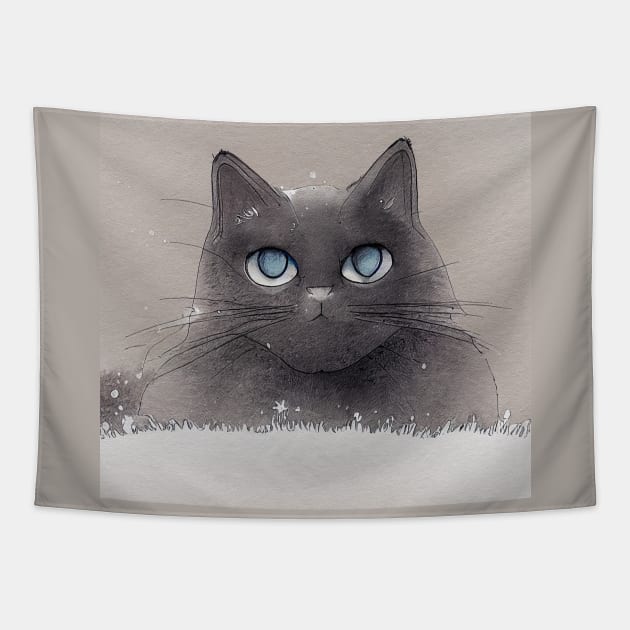 Blue Eyed Gray Cat in Snow Tapestry by fistikci