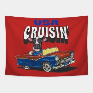 Humor and Funny cute Cow driving a classic car through the USA Tapestry