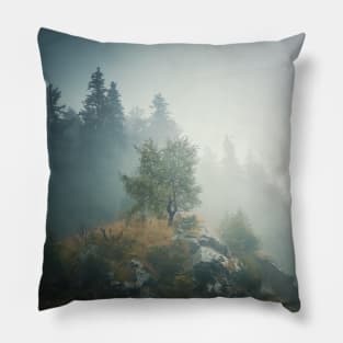 Solitary tree on a misty hill Pillow