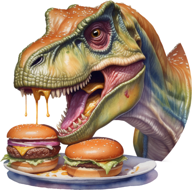 Dinosaur with burger Kids T-Shirt by AnnArtshock