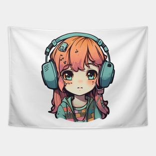 Cute headphone anime girl Tapestry