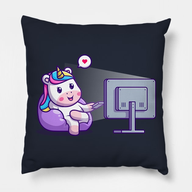 Cute unicorn watching cartoon on tv Pillow by Thumthumlam