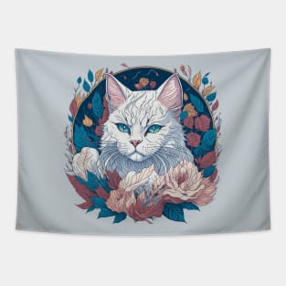 White cat face in flowers and foliage t-shirt design, apparel, mugs, cases, wall art, stickers, Tapestry