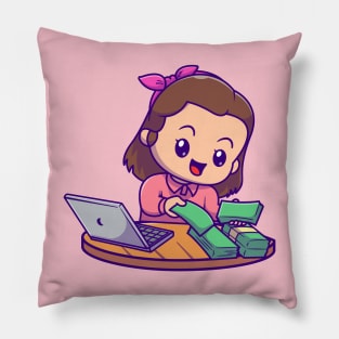 Cute Female Accountant With Laptop And Money Cartoon Pillow