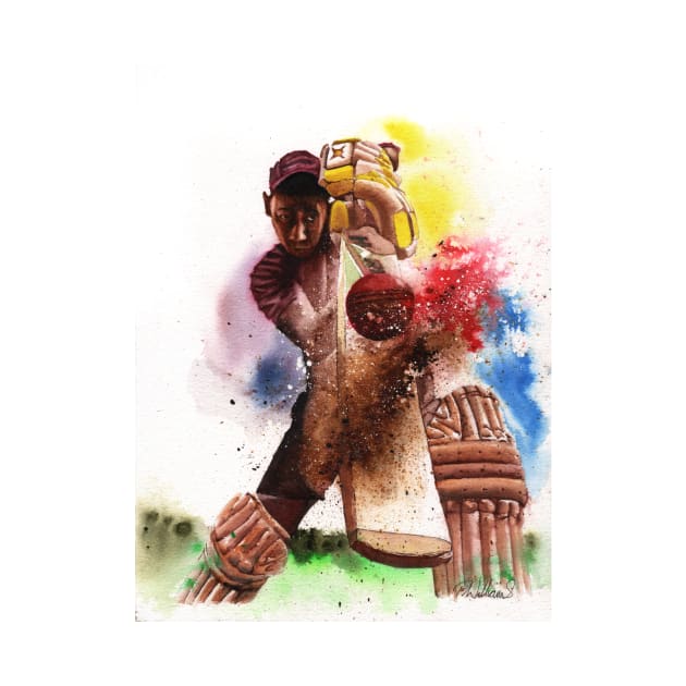 Driven - cricket batsman watercolour painting by Mightyfineart