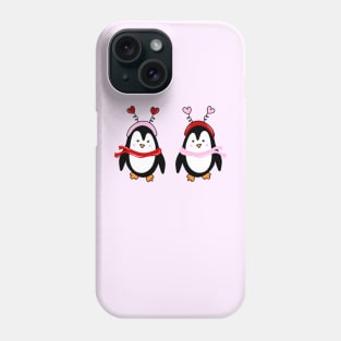 Valentines Penguin Pair with Pink and Red Heart Headbands and Scarves, made by EndlessEmporium Phone Case