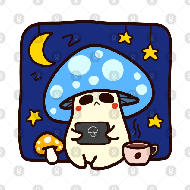 Sleepy stem : cute mushroom on blue by NumbleRay