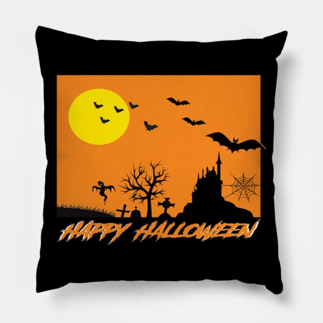 Moonlit Haunted House Ghost Bat Cobweb Gravestone. Pillow by Maxx Exchange