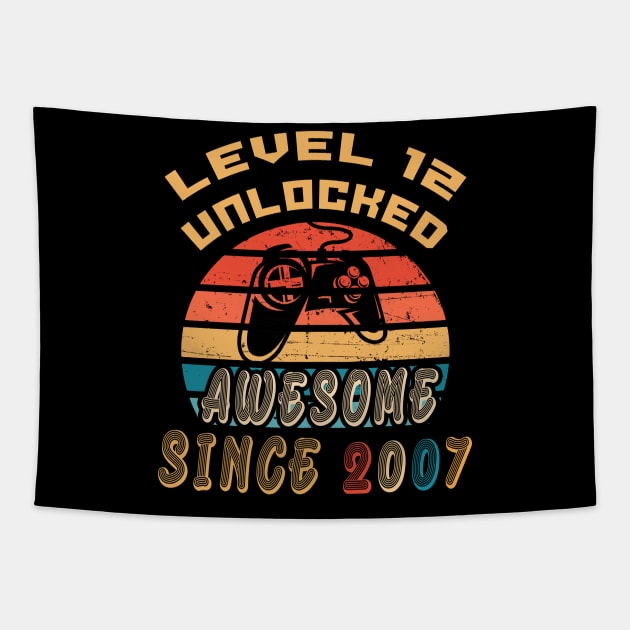 Level 12 Unlocked Awesome Since 2007 | Gamer 12th Birthday Tapestry by MerchMadness