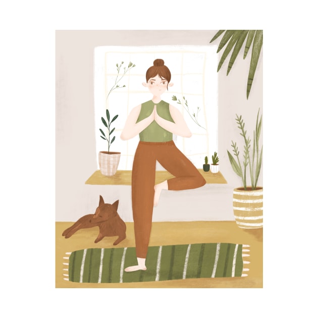 Girl doing yoga with her pet by mikhaleeevich