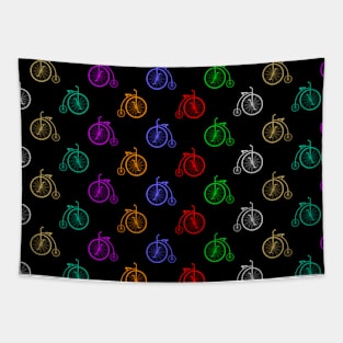 Colorful Retro Bicycle - Pattern on Black Background Tapestry