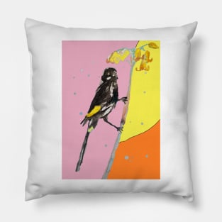 Australian Honeyeater Bird Painting - New Holland on Yellow and Pink Pillow