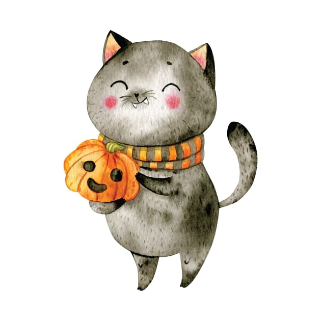 Spooky Halloween Cat - Cute Cat with Pumpkin Scarf by edwardechoblue