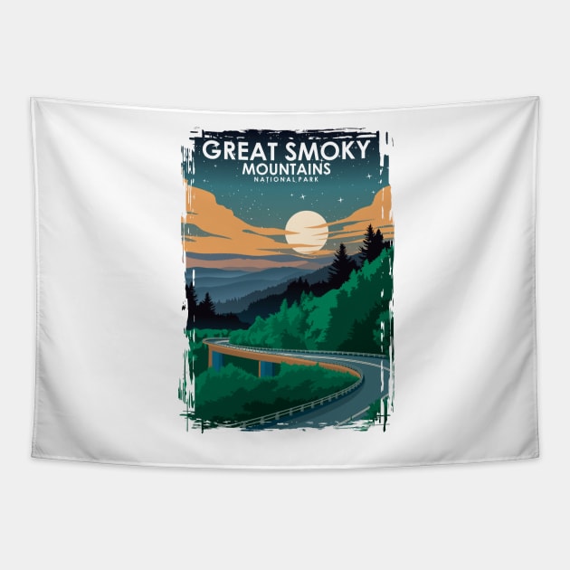 Great Smoky Mountains National Park Vintage Minimal Travel Poster at Night Tapestry by jornvanhezik