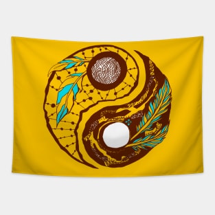 Mustard Brown Feathers Yin Yang Tapestry