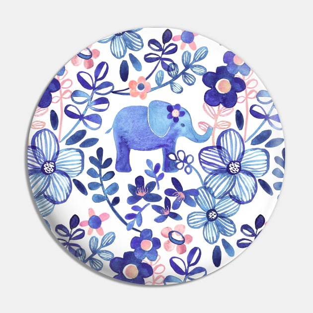 Pale Coral, White and Purple Elephant and Floral Watercolor Pattern Pin by micklyn