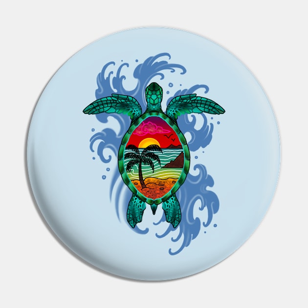 Sea Turtle in Paradise Pin by Art by the Lizard Lady