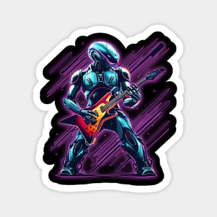 A Heavy Metal Rock and Roll Robot Plays Lead Guitar with Purple Laser Background Magnet