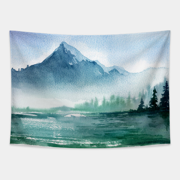 Watercolor Painting Of Lake And Misty Mountain Landscape