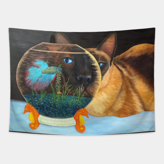 Siamese Cat Looking Through a Fishbowl at a Betta Fish. Tapestry by KarenZukArt