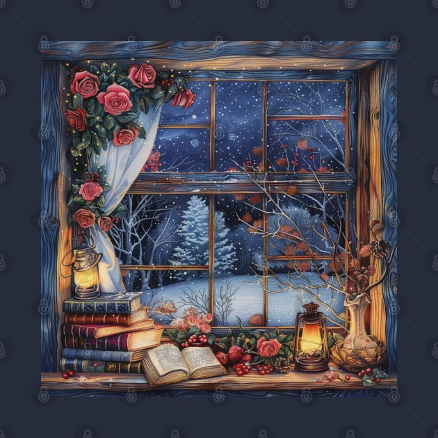 Fantasy winter starry night window by feafox92