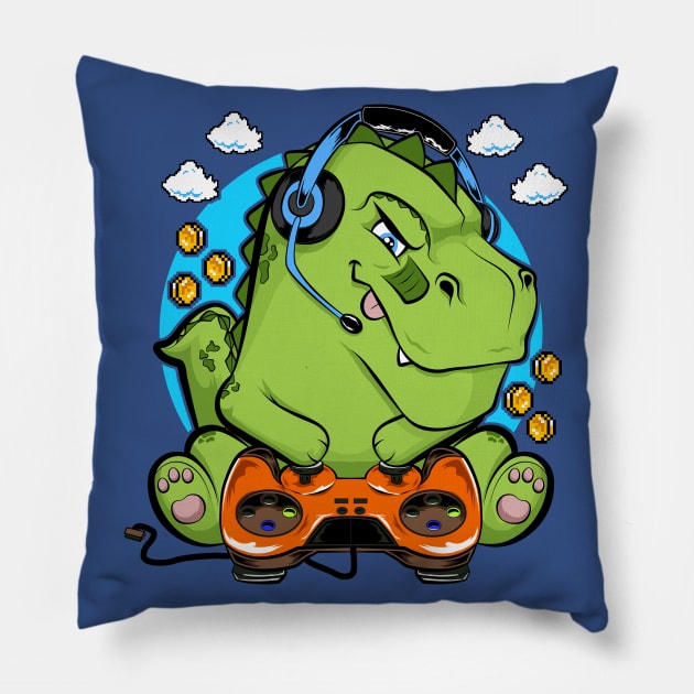 dinosaur t rex gamer, game addicts Pillow by the house of parodies