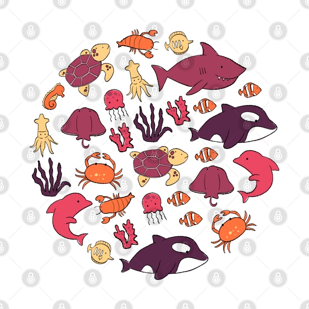 Cute and colorful Pink Sea Animals Drawing by MariOyama