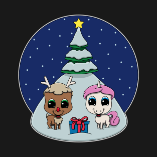 Cute Unicorn Reindeer Under The Christmas Tree For Kids T-Shirt