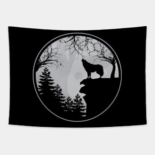 Wolf Howling at the Moon Grayscale Retro Silhouette Tapestry