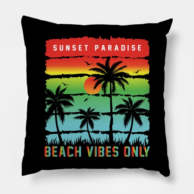 Vintage Retro Style Waves Sunset Paradise Beach Vibes Only Pillow by Msafi