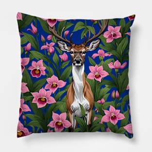 New Hampshire White Tailed Deer And Pink Ladys Slipper Pillow