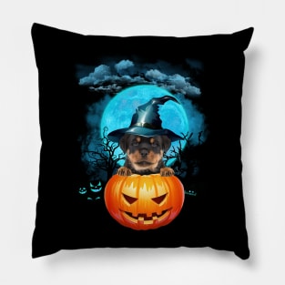 Rottweiler Witch Hat Pumpkin And Blue Moon Halloween Pillow