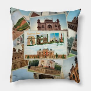 Greetings from Delhi in India Vintage style retro souvenir Pillow