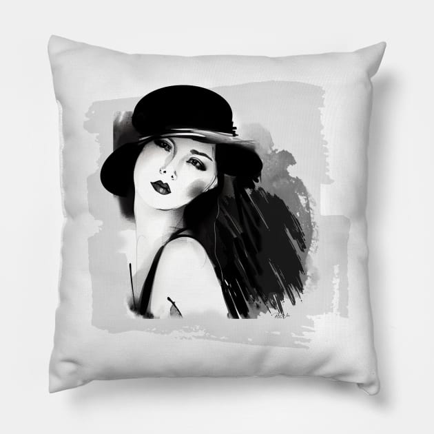 Girl with a Hat - Black & White Illustration Pillow by Wilcox PhotoArt