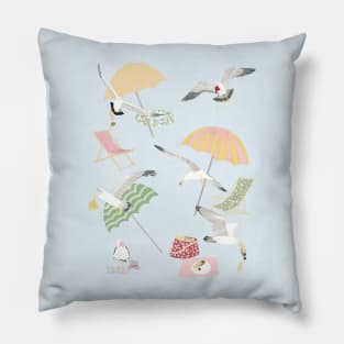 Seagulls Stealing Food on the Beach Pillow