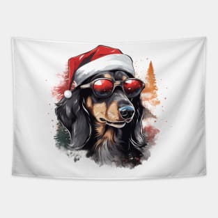 Magical Christmas badger dog in the snow: cute four-legged friend with festive hat Tapestry