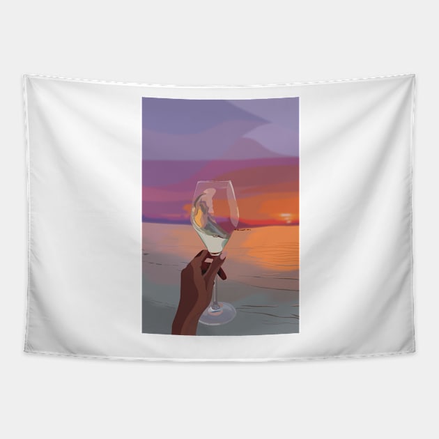 Beach wine sky illustration Tapestry by Holailustra