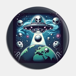 Grey Aliens in a UFO Pin