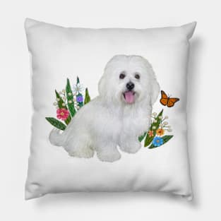 A Bolognese Dog Sitting in Soft Grass with Flowers Pillow