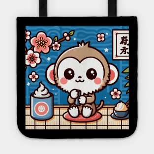 Cute Little Flower Monkey Drinking Tea and Eating Ice Cream Japanese Classic Art Tote