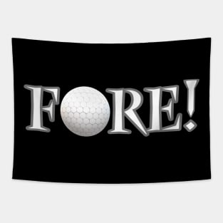 Fore! Golf Lovers Ball and Tee for Golfers and Fans (White and Gray Letters) Tapestry