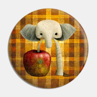 An Elephant with an apple on a plaid background. Pin