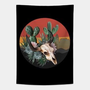 Cow Skull and succulents plant, sunset desert catus and flowers, cowgirl, rodeo Tapestry