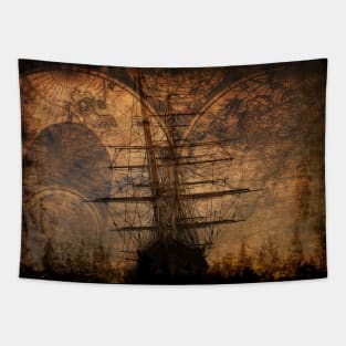 Cutting the Waves - Clipper Sailing Ship and Old World Map Tapestry