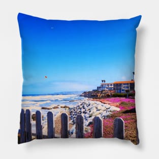 House on the shore blue sky ocean San Diego California Pillow