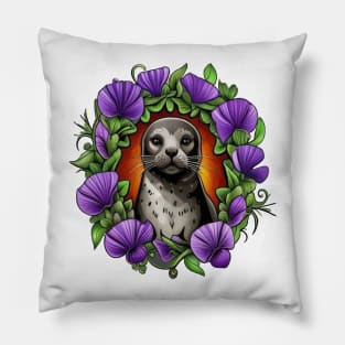 A Harbor Seal Surrounded By A Wreath Of Violet Viola Tattoo Art Pillow