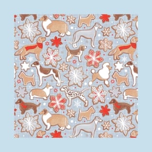 Catching ice and sweetness // pattern // pastel blue background gingerbread white brown grey and dogs and snowflakes neon red details T-Shirt