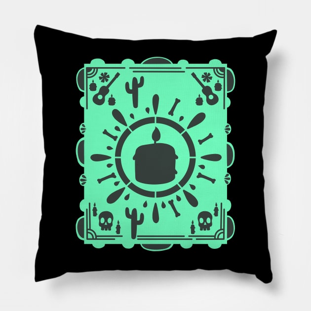 Día De Los Muertos - Mint Green - Papel Picado - Black Candle Pillow by Scriptnbones