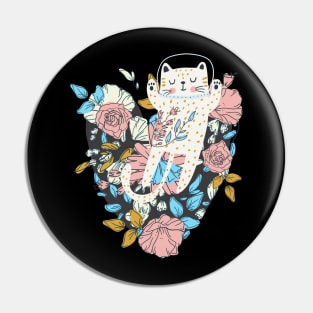 Cute Cat Austronaut Dreamer with Flowers Pin