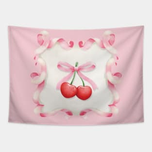 Coquette Aesthetic Girly Pink Ribbon Bow Cherry Tapestry